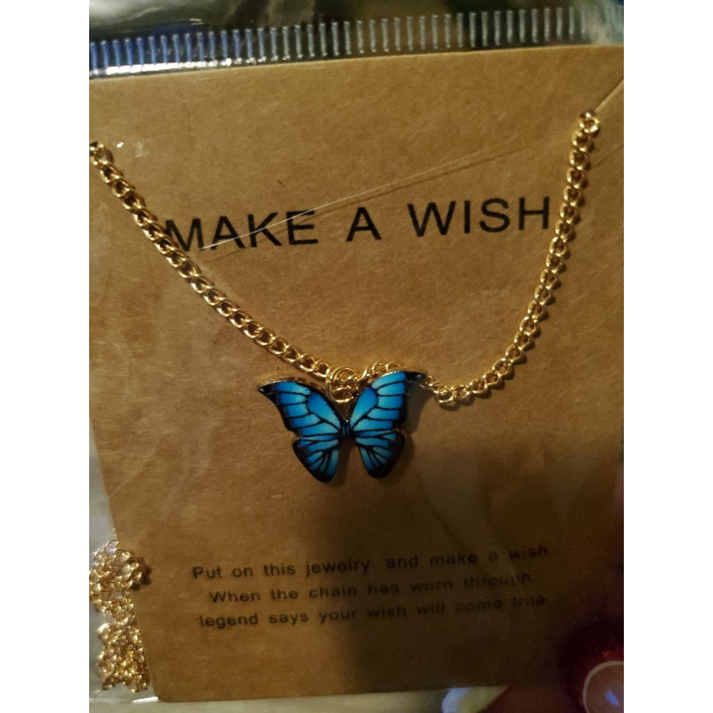 Butterfly Necklace, Gold Chain, Blue Enamel